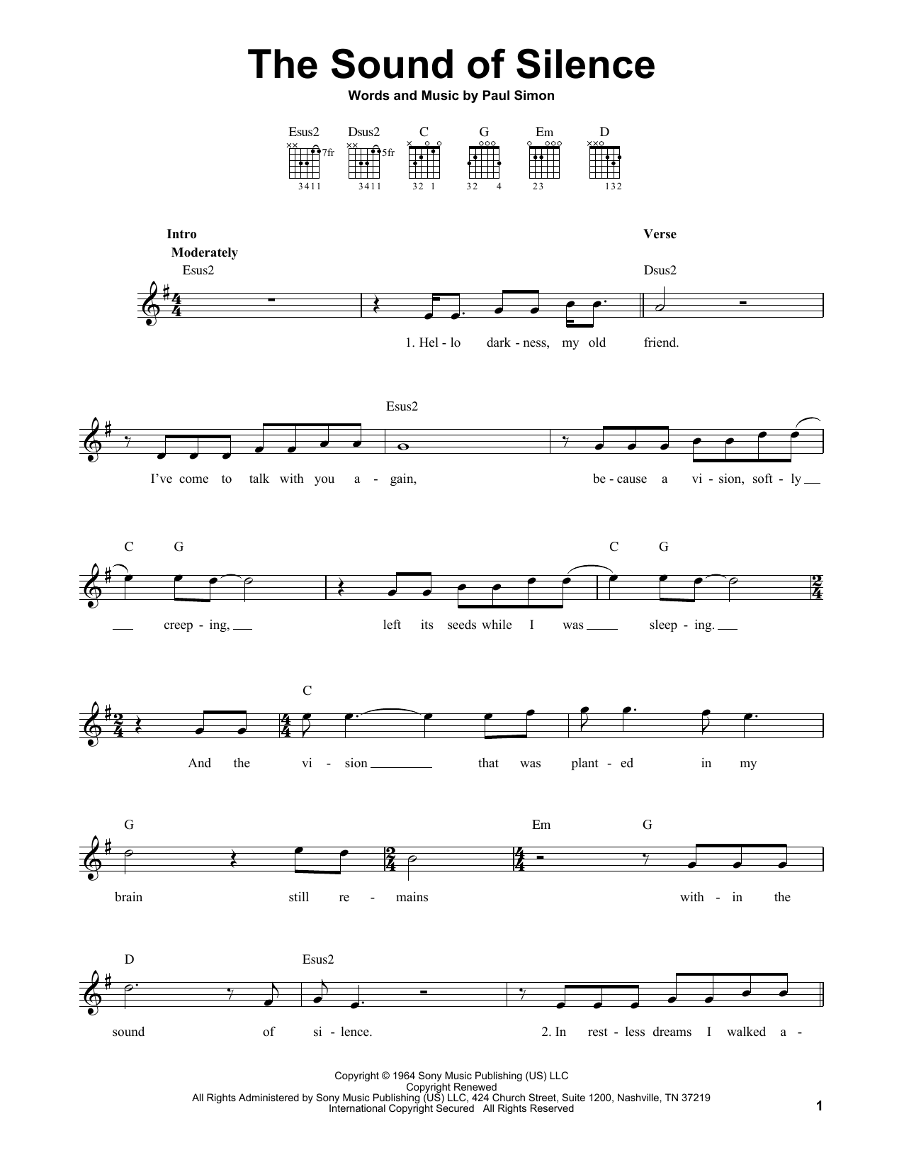 Simon & Garfunkel The Sound Of Silence sheet music notes printable PDF score