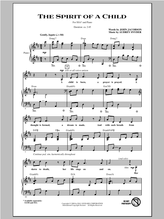 Download Audrey Snyder The Spirit Of A Child Sheet Music