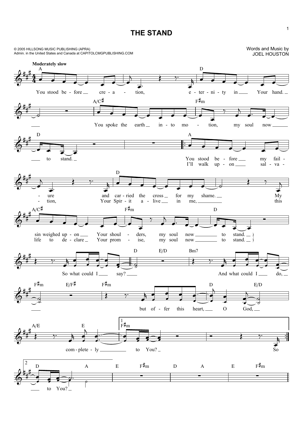 Download Joel Houston The Stand Sheet Music