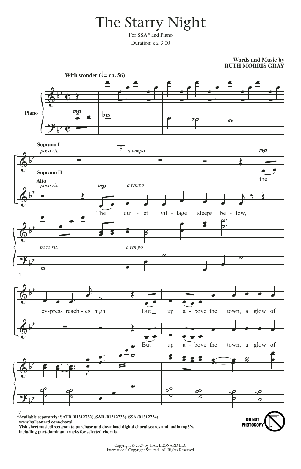 Ruth Morris Gray The Starry Night sheet music notes printable PDF score