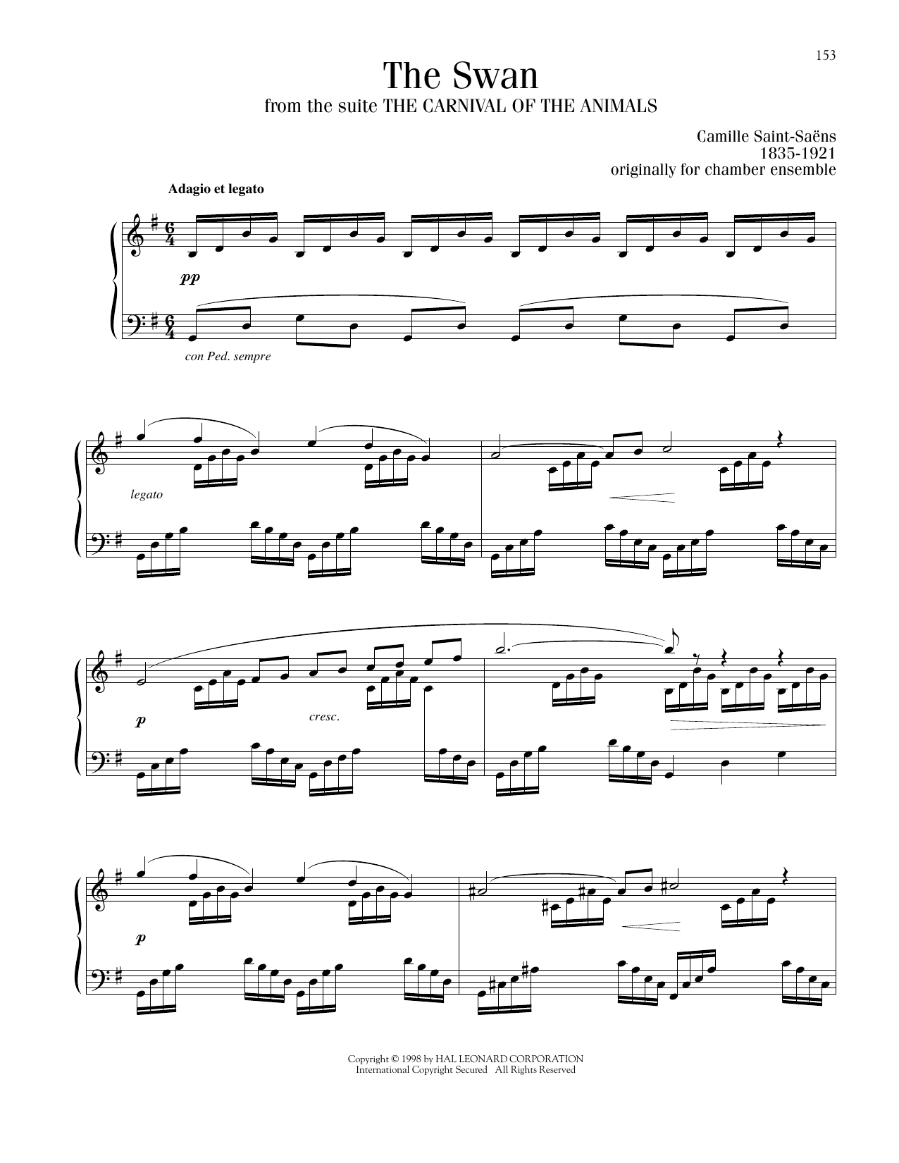 Camille Saint-Saens The Swan (Le Cygne) sheet music notes printable PDF score
