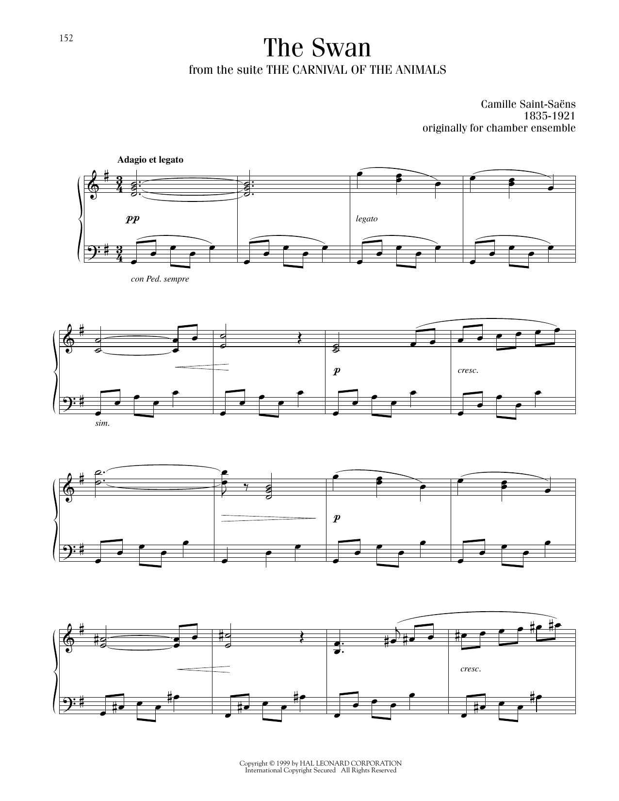 Camille Saint-Saens The Swan (Le Cygne) sheet music notes printable PDF score