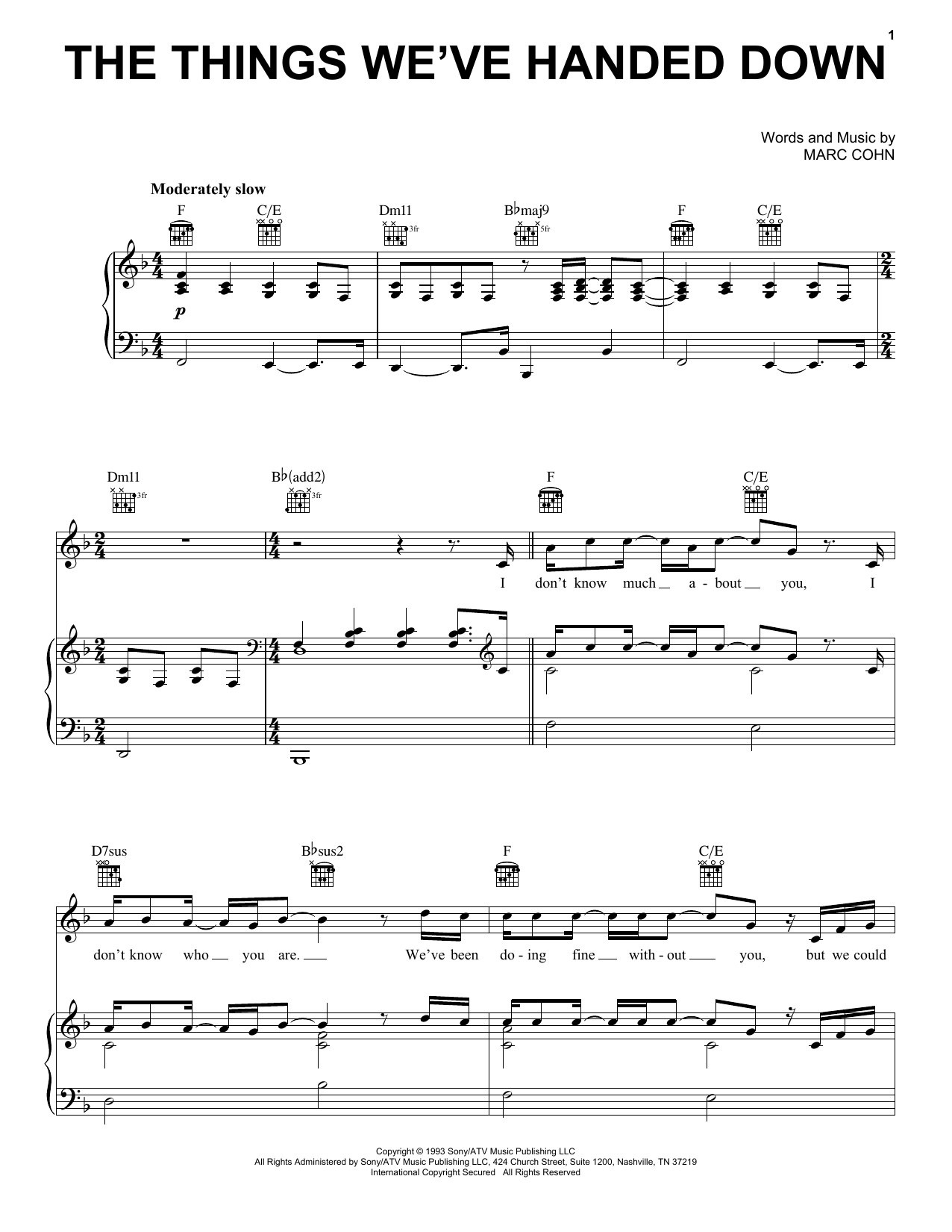Download Marc Cohn The Things We've Handed Down Sheet Music