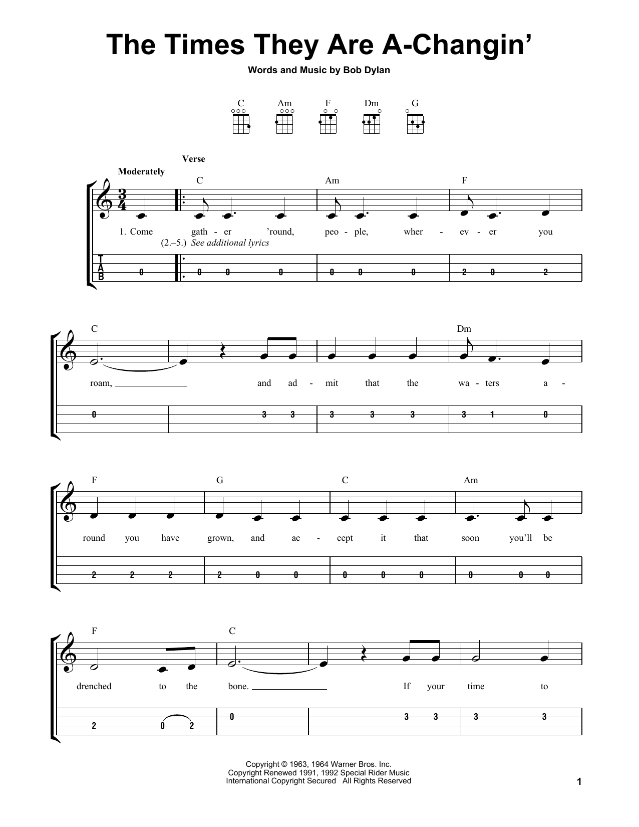 Download Bob Dylan The Times They Are A-Changin' Sheet Music
