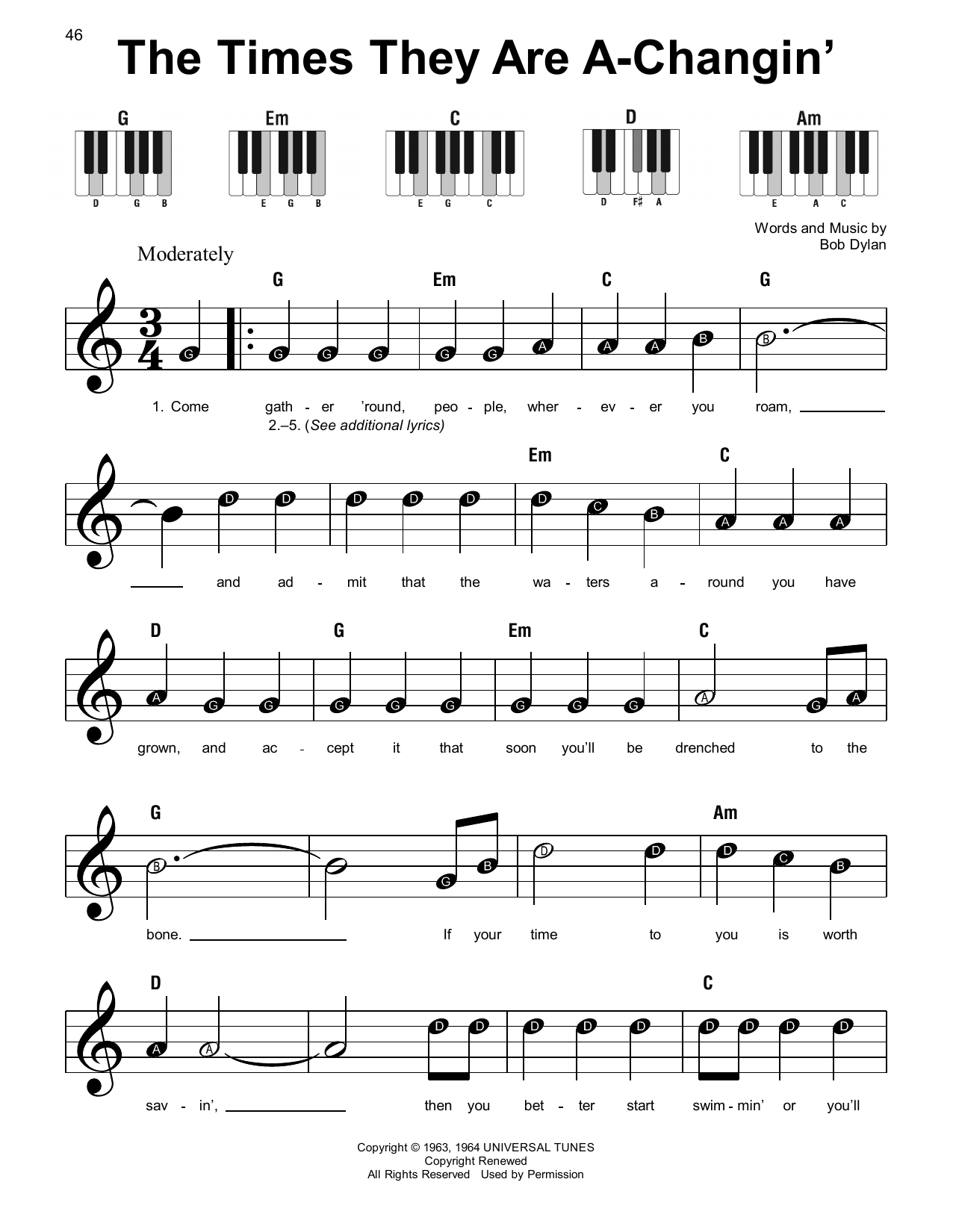 Download Bob Dylan The Times They Are A-Changin' Sheet Music