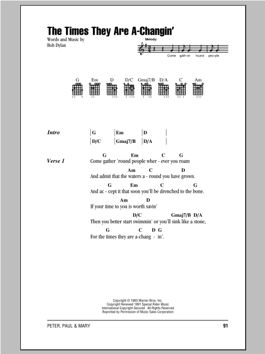 Download Peter, Paul & Mary The Times They Are A-Changin' Sheet Music