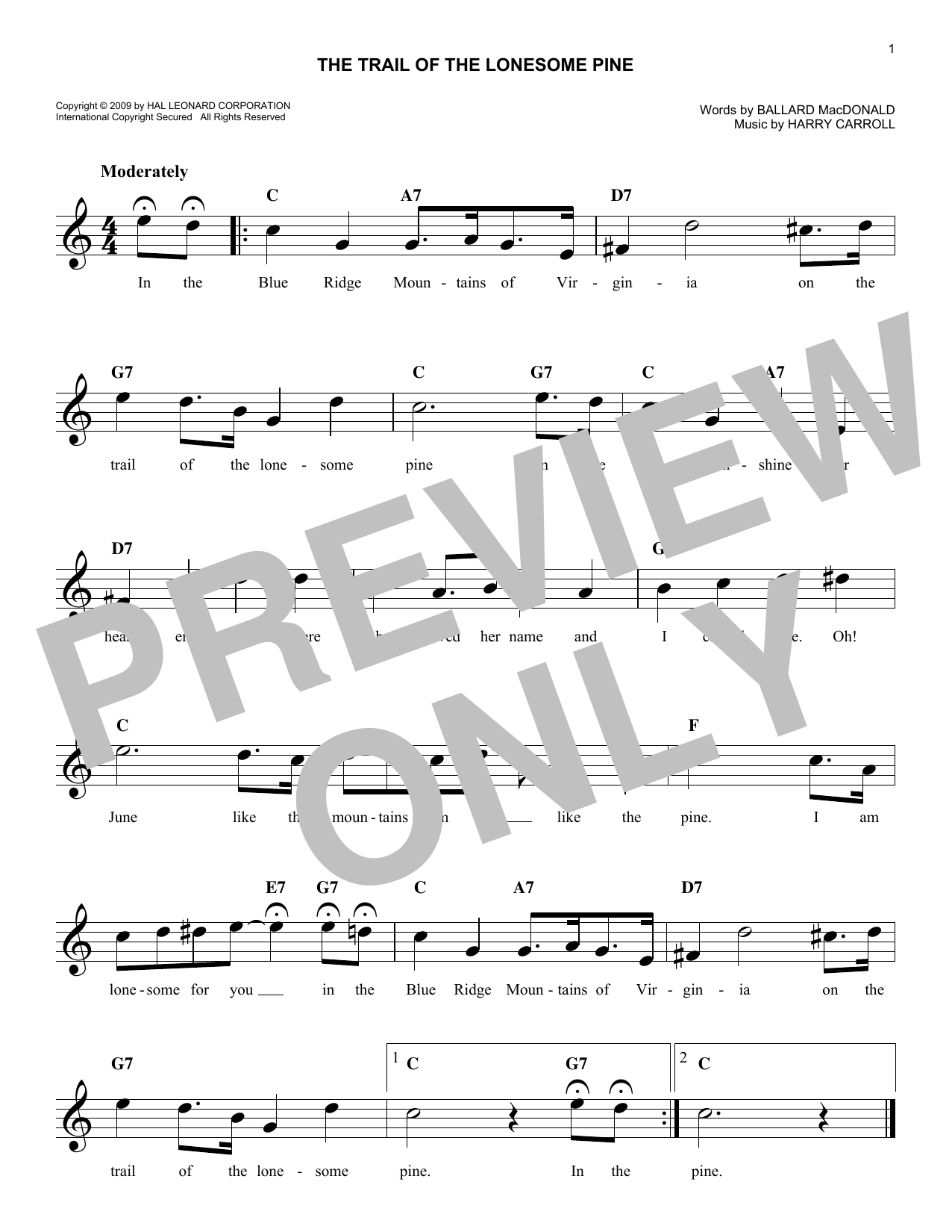 Download Harry Carroll The Trail Of The Lonesome Pine Sheet Music