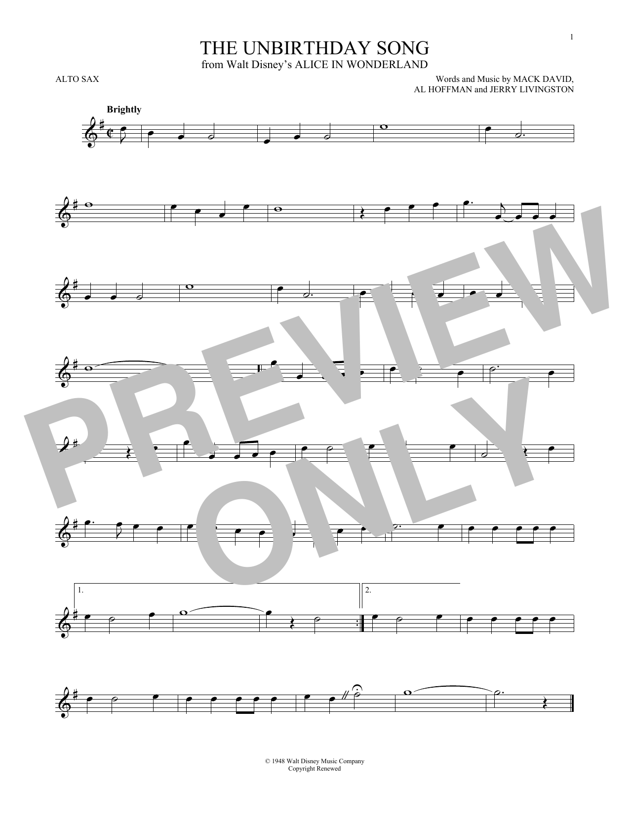 Download Mack David, Al Hoffman and Jerry Liv The Unbirthday Song (from Disney's Alic Sheet Music