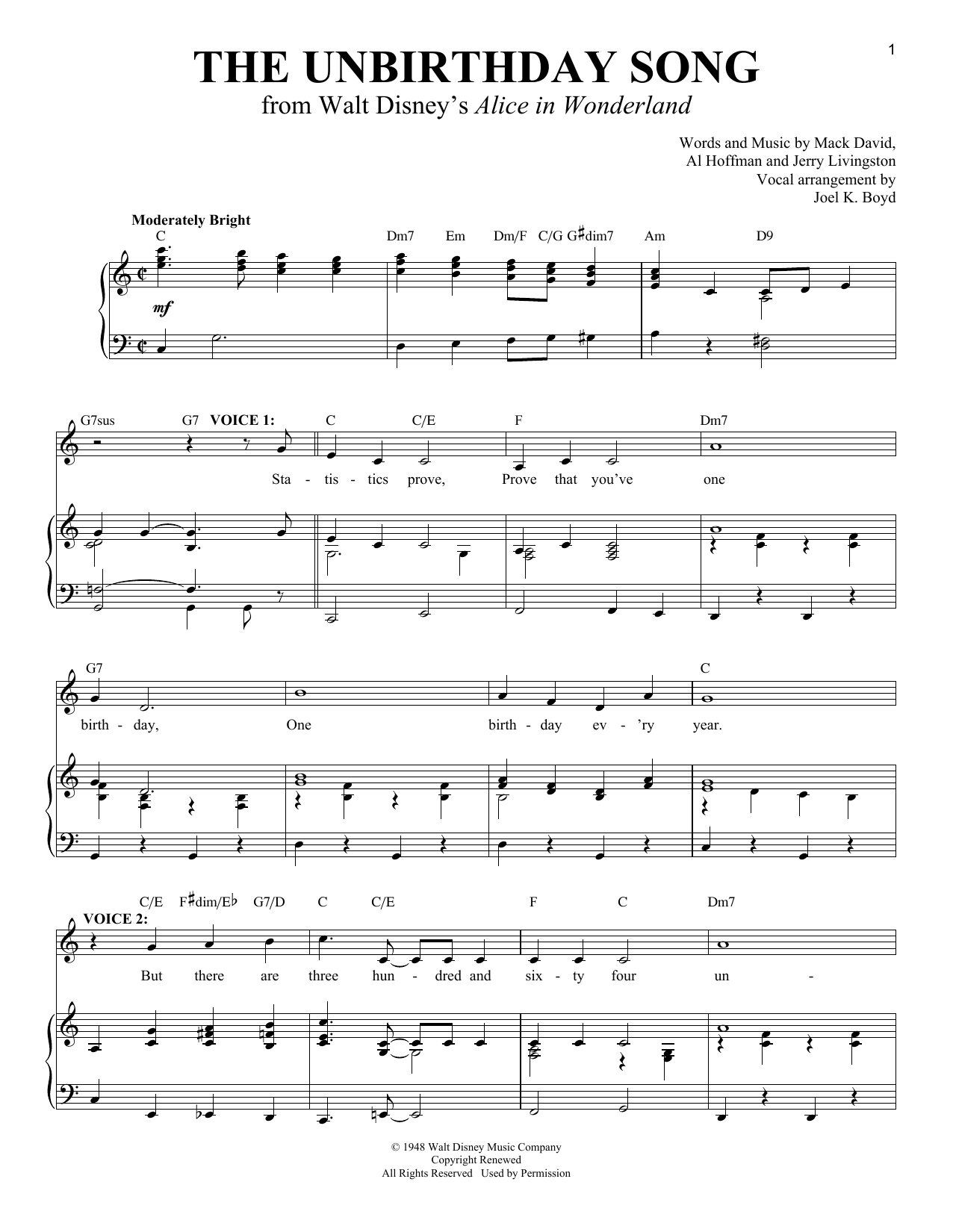 Download Mack David The Unbirthday Song (from Disney's Alic Sheet Music