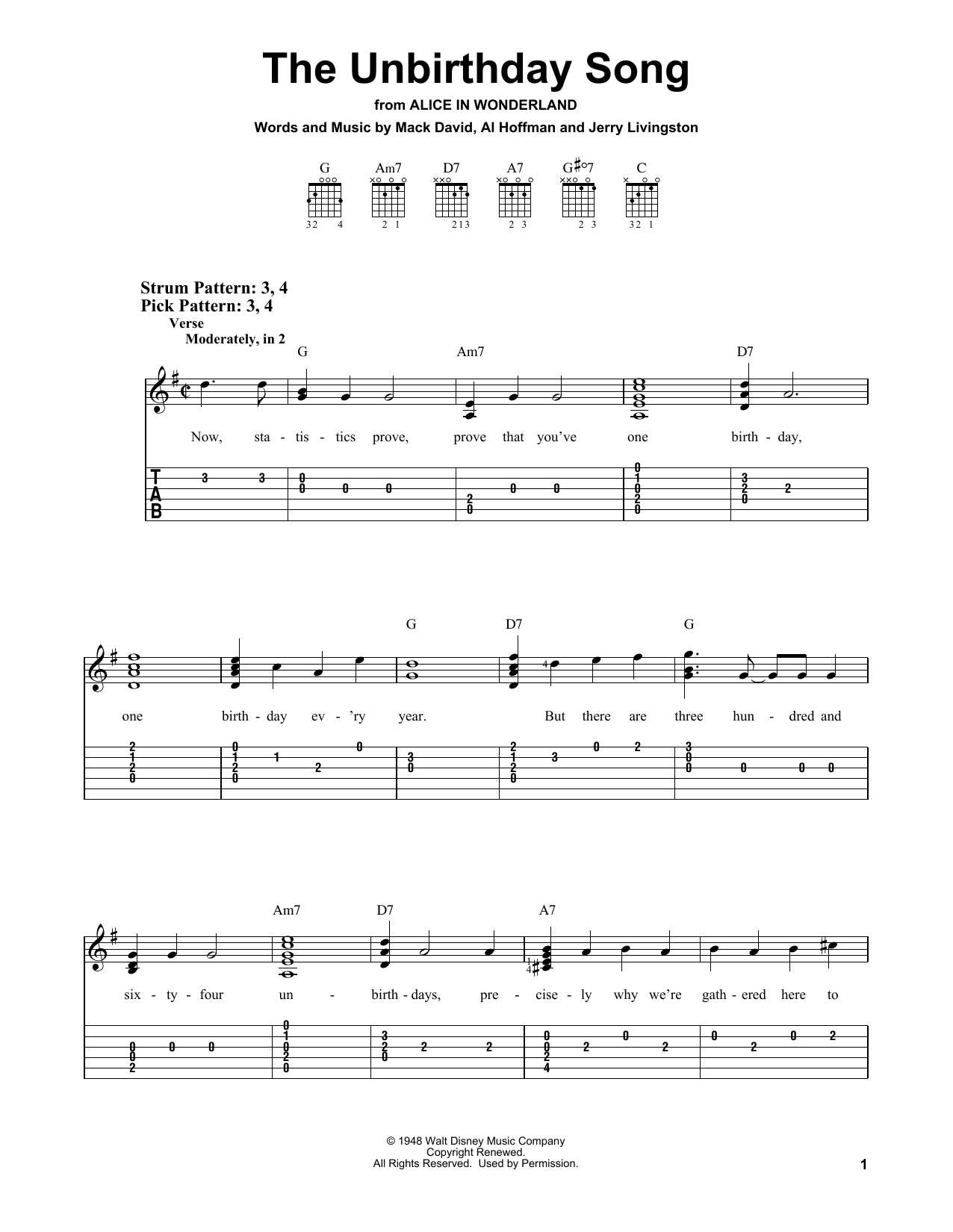 Download Jerry Livingston The Unbirthday Song Sheet Music