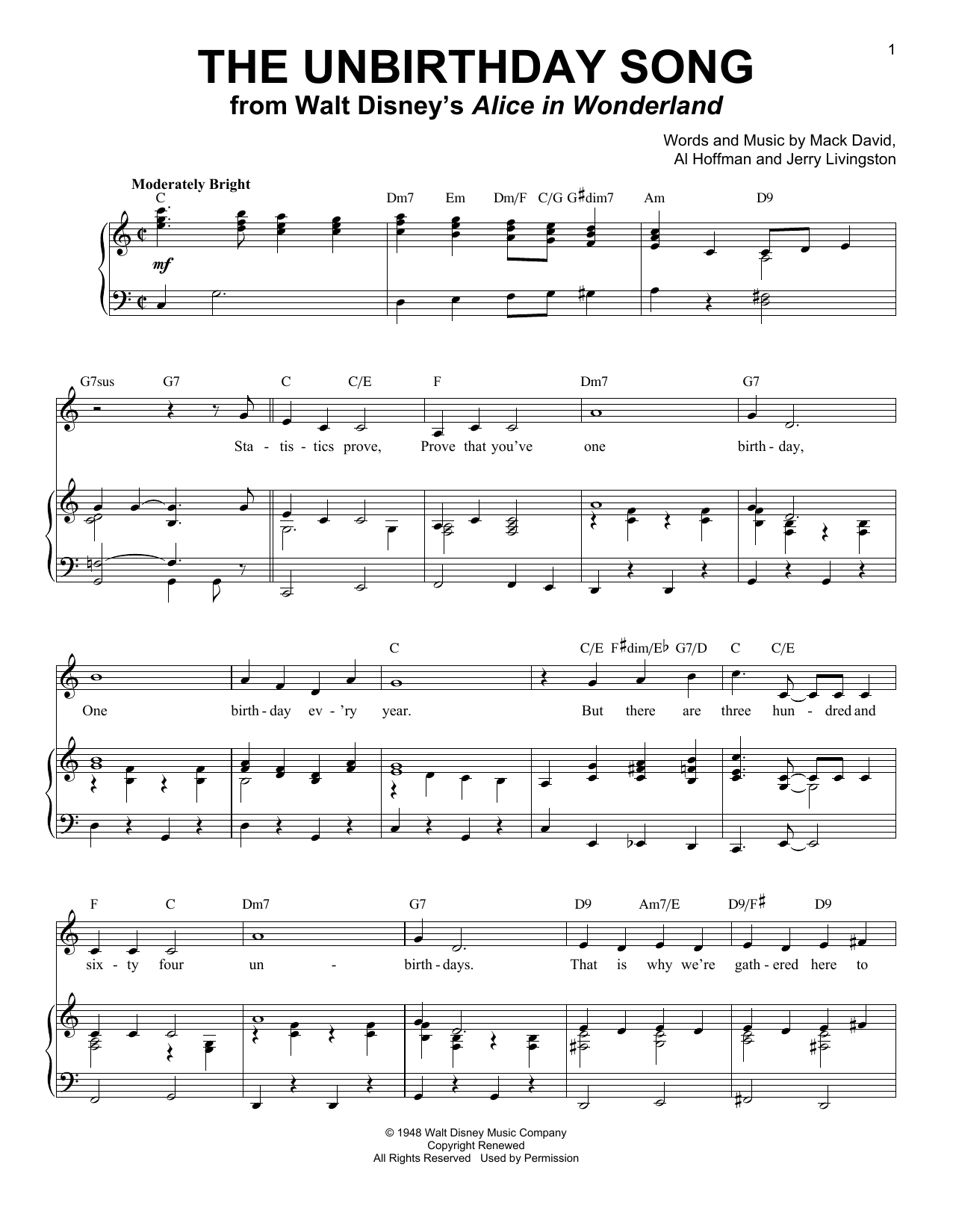 Download Jerry Livingston The Unbirthday Song (from Disney's Alic Sheet Music