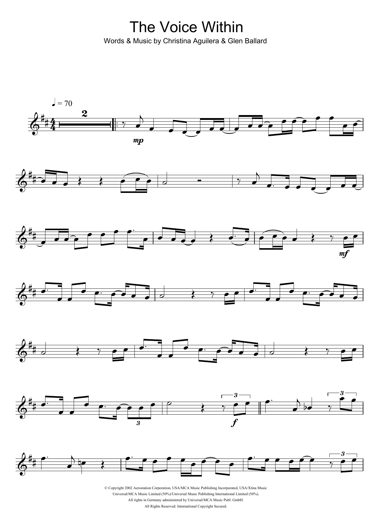 Download Christina Aguilera The Voice Within Sheet Music
