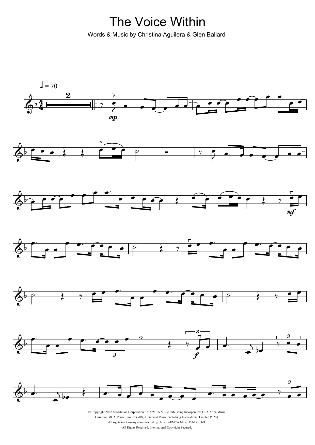 Download Christina Aguilera The Voice Within Sheet Music