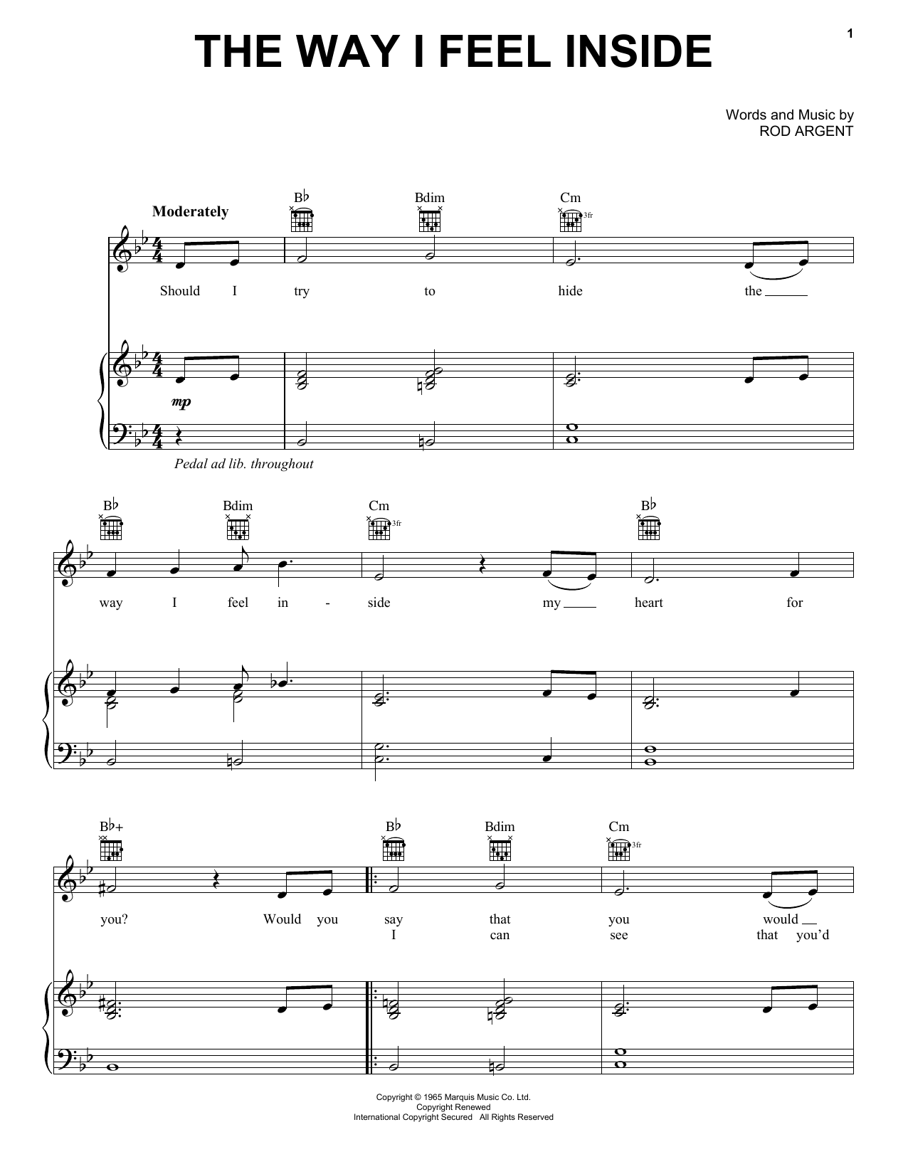 Download The Zombies The Way I Feel Inside Sheet Music