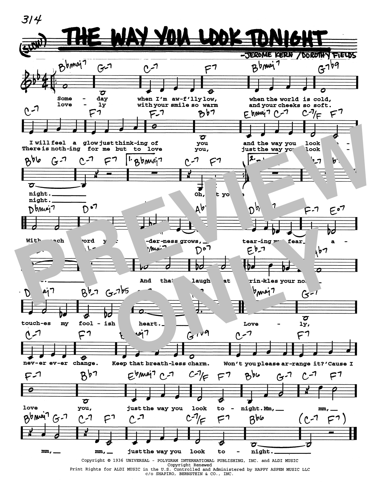 Jerome Kern The Way You Look Tonight (Low Voice) sheet music notes printable PDF score
