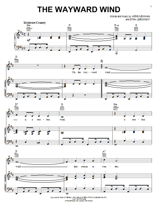 Download Patsy Cline The Wayward Wind Sheet Music