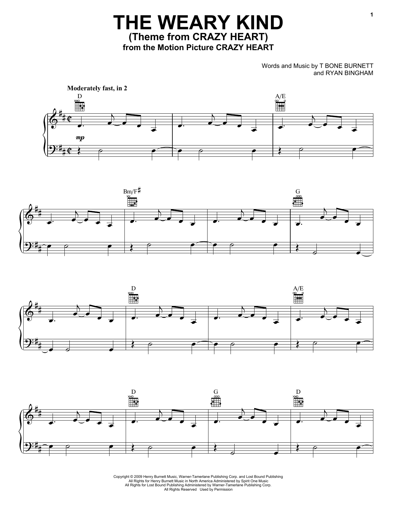 Download Ryan Bingham The Weary Kind (Theme From Crazy Heart) Sheet Music