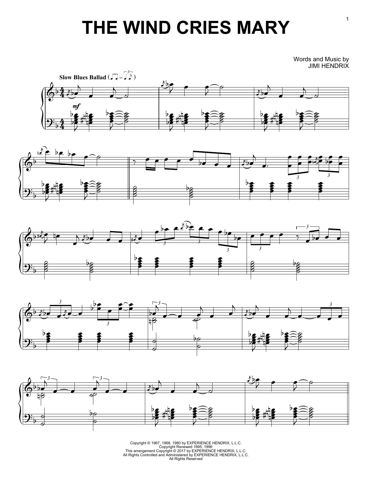 Download Jimi Hendrix The Wind Cries Mary [Jazz version] Sheet Music