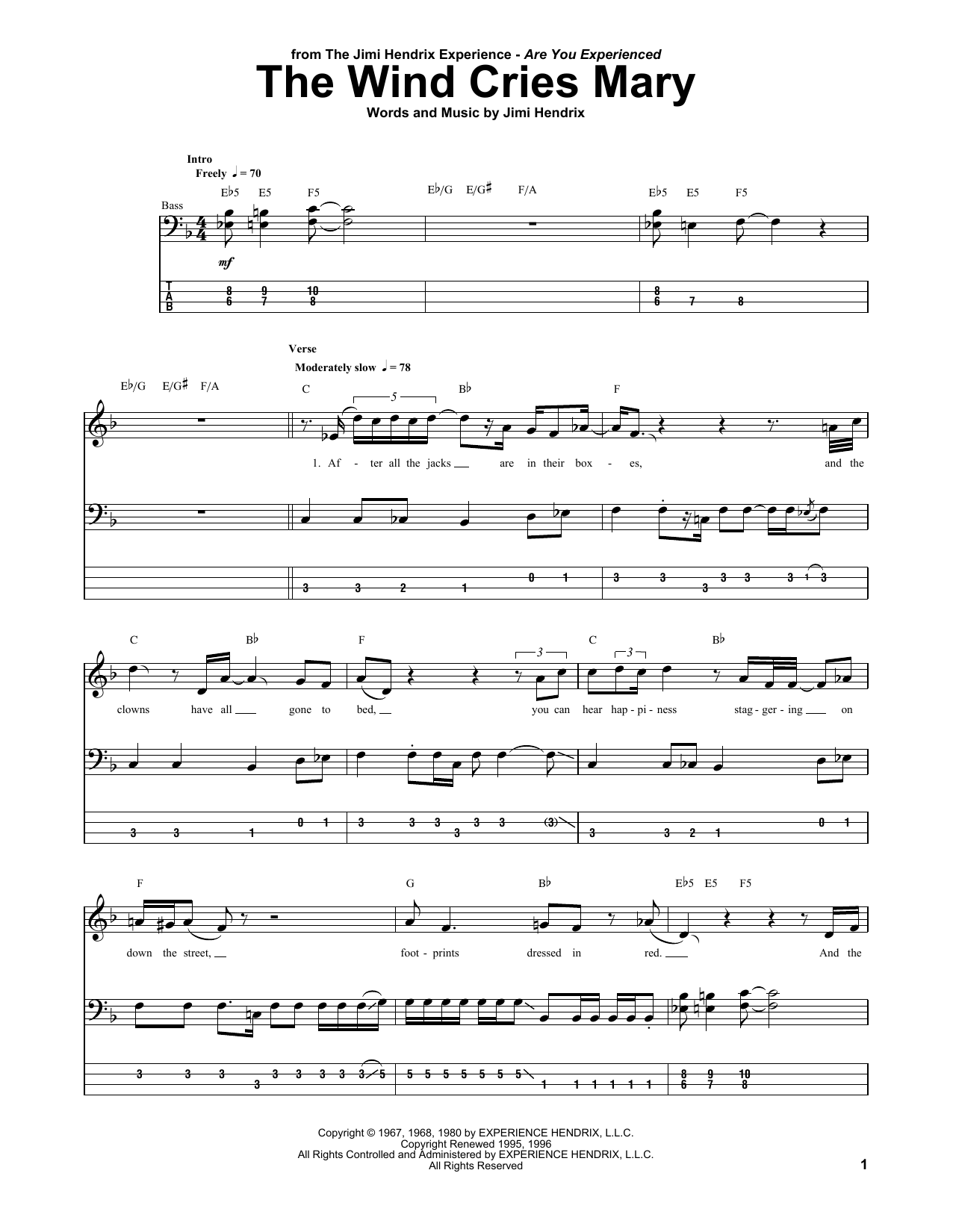 Download Jimi Hendrix The Wind Cries Mary Sheet Music