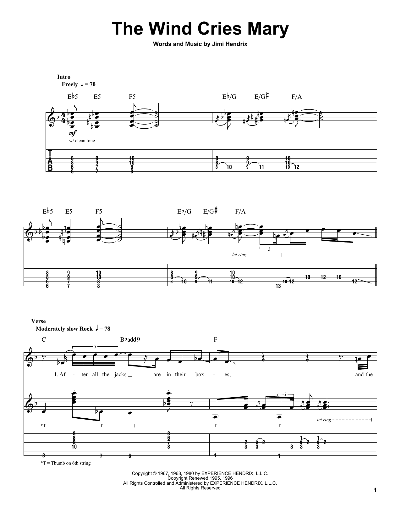Download Jimi Hendrix The Wind Cries Mary Sheet Music