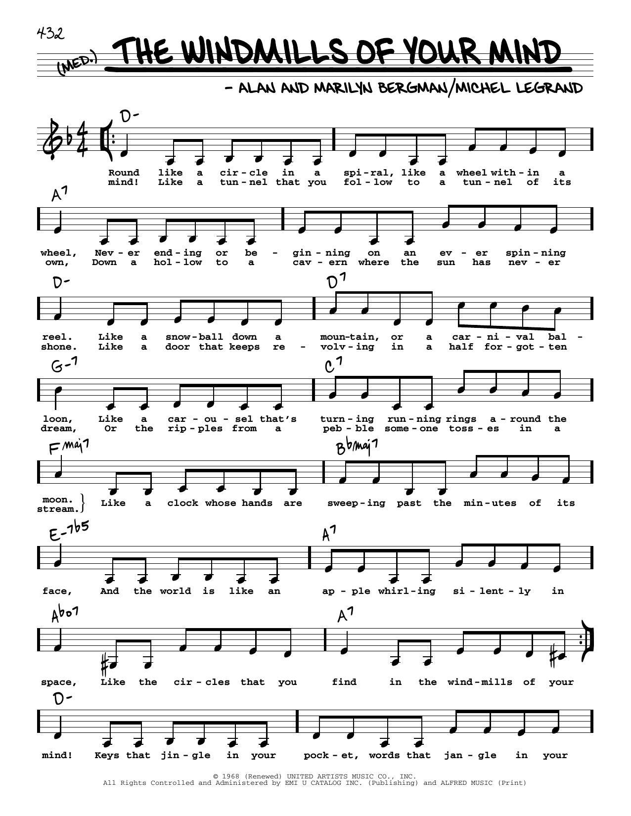 Download Alan Bergman The Windmills Of Your Mind (Low Voice) Sheet Music