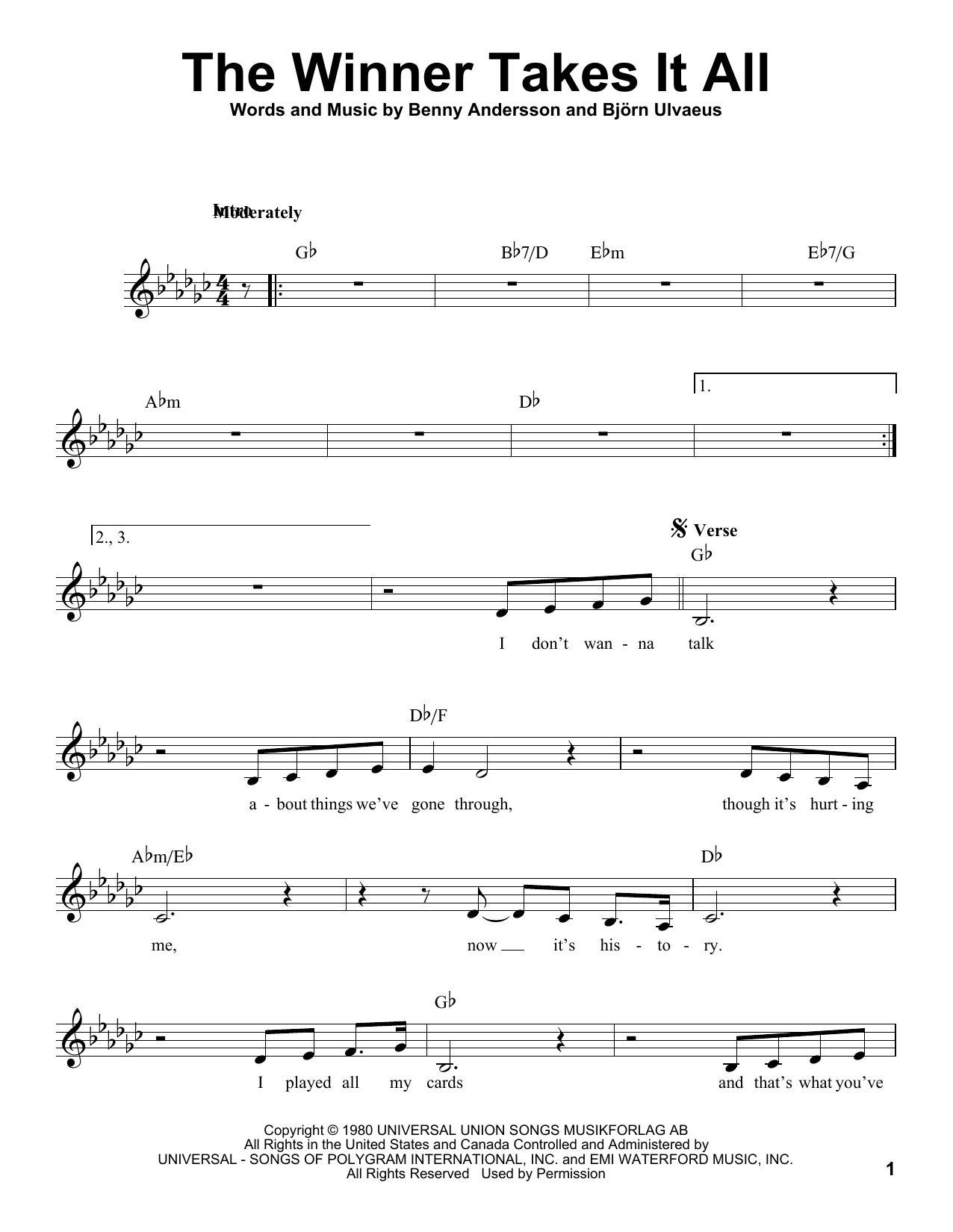 Download Abba The Winner Takes It All Sheet Music