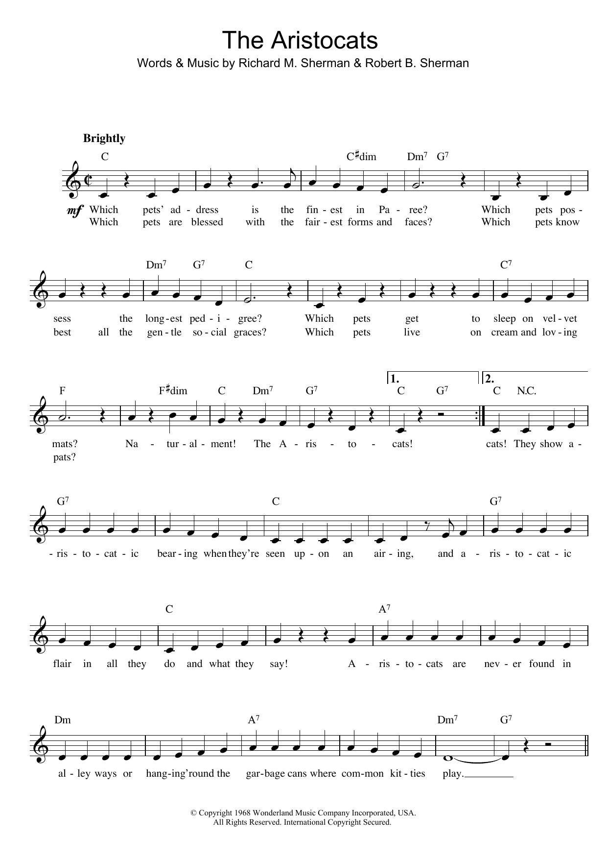 Sherman Brothers The Aristocats sheet music notes printable PDF score