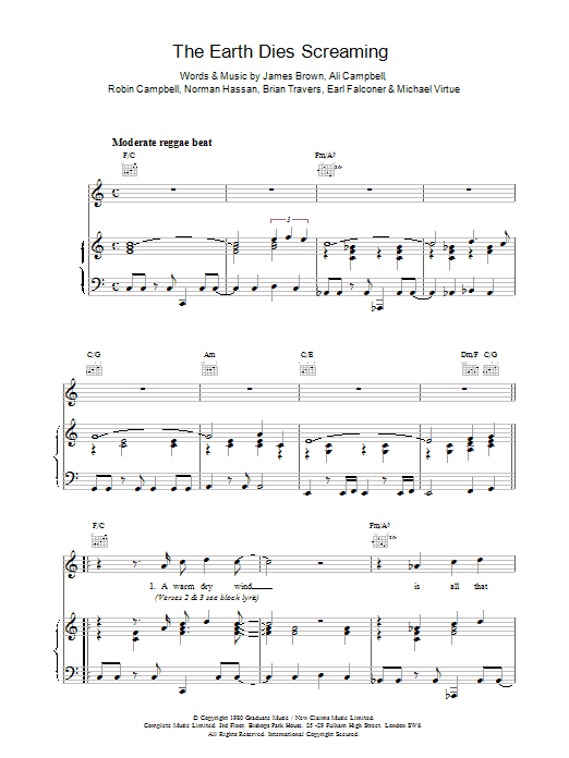 UB40 The Earth Dies Screaming sheet music notes printable PDF score