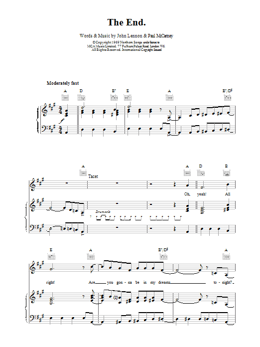 The Beatles The End sheet music notes printable PDF score