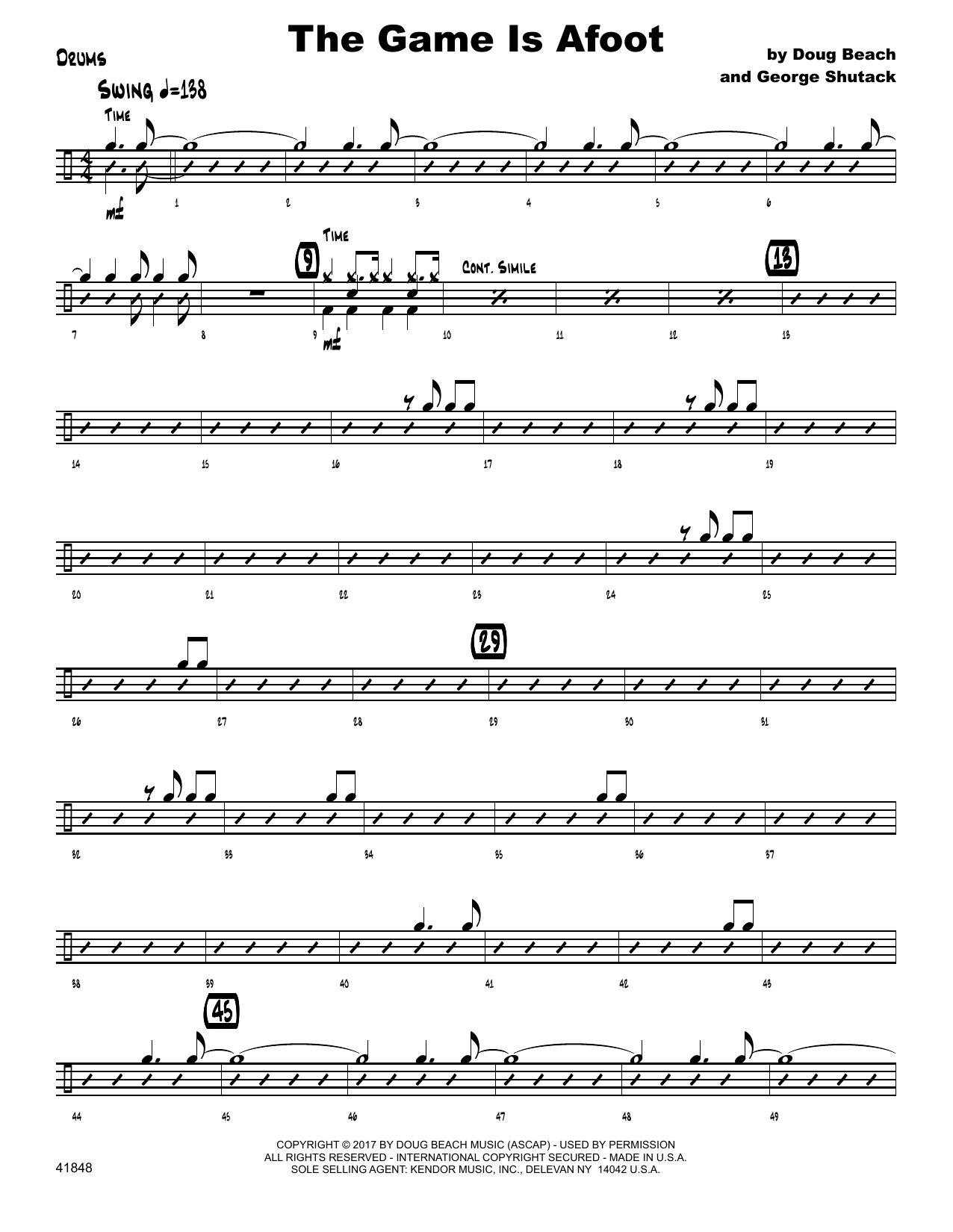 Download Doug Beach & George Shutack The Game Is Afoot - Drum Set Sheet Music