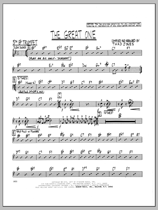 Download Thad Jones The Great One - 5th Bb Trumpet Sheet Music