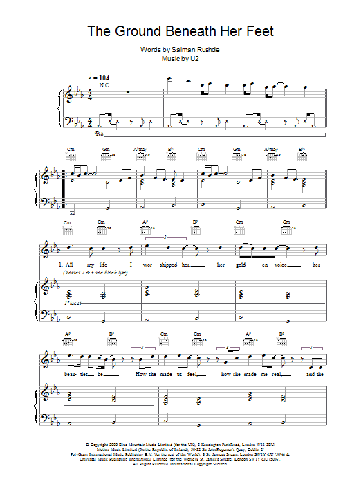 U2 The Ground Beneath Her Feet (from The Million Dollar Hotel) sheet music notes printable PDF score