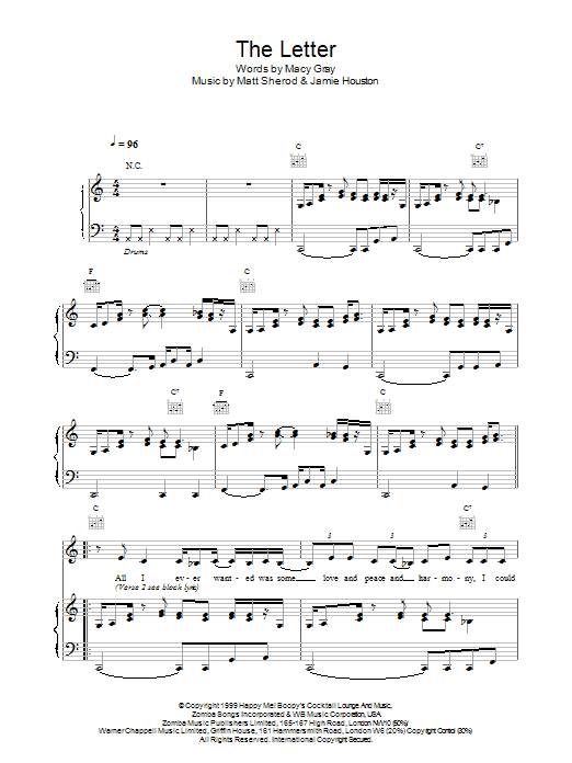 Macy Gray The Letter sheet music notes printable PDF score