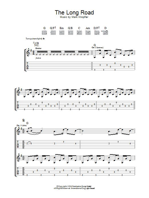 Mark Knopfler The Long Road (from Cal) sheet music notes printable PDF score
