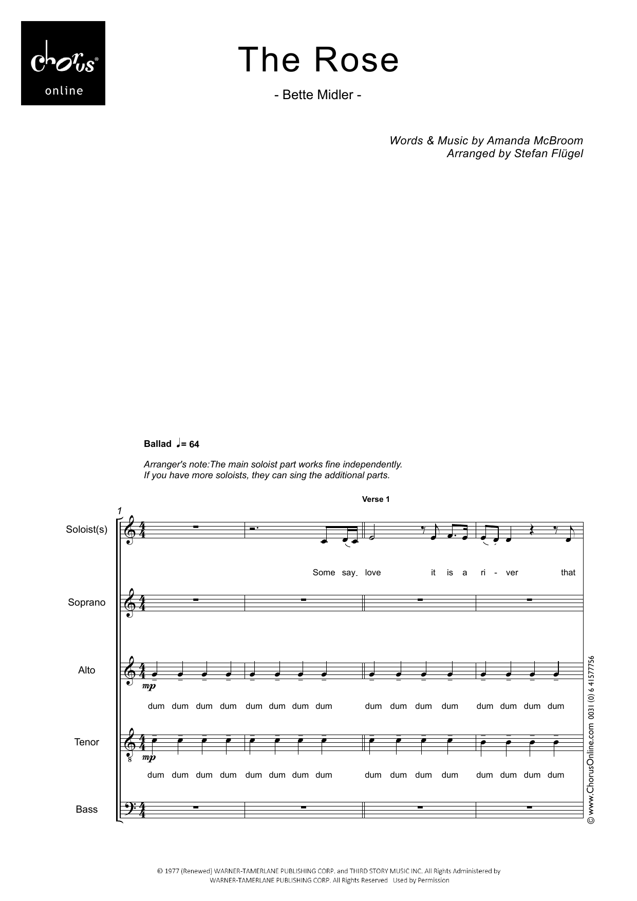 Bette Midler The Rose (arr. Stefan Flügel) sheet music notes printable PDF score