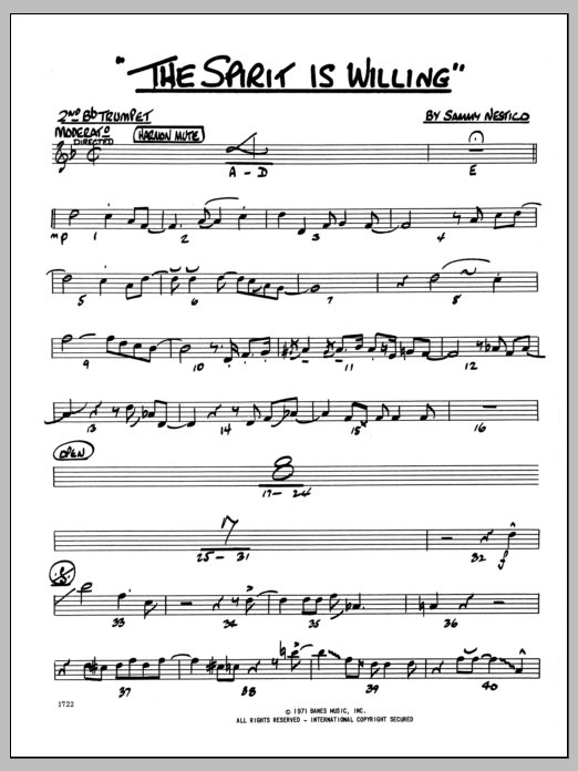 Download Sammy Nestico The Spirit Is Willing - 2nd Bb Trumpet Sheet Music