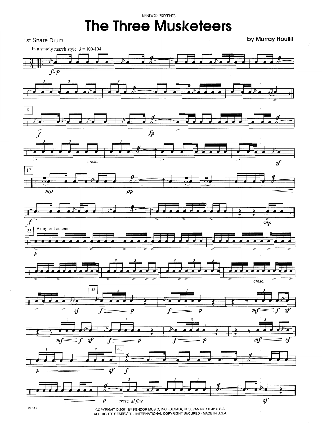 Download Murray Houllif The Three Musketeers - Percussion 1 Sheet Music