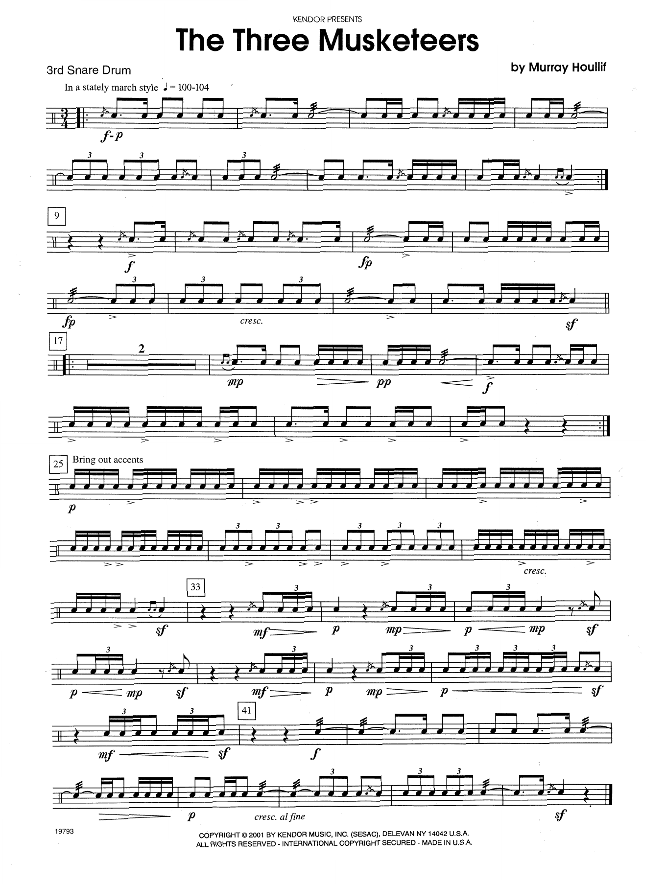 Download Murray Houllif The Three Musketeers - Percussion 3 Sheet Music