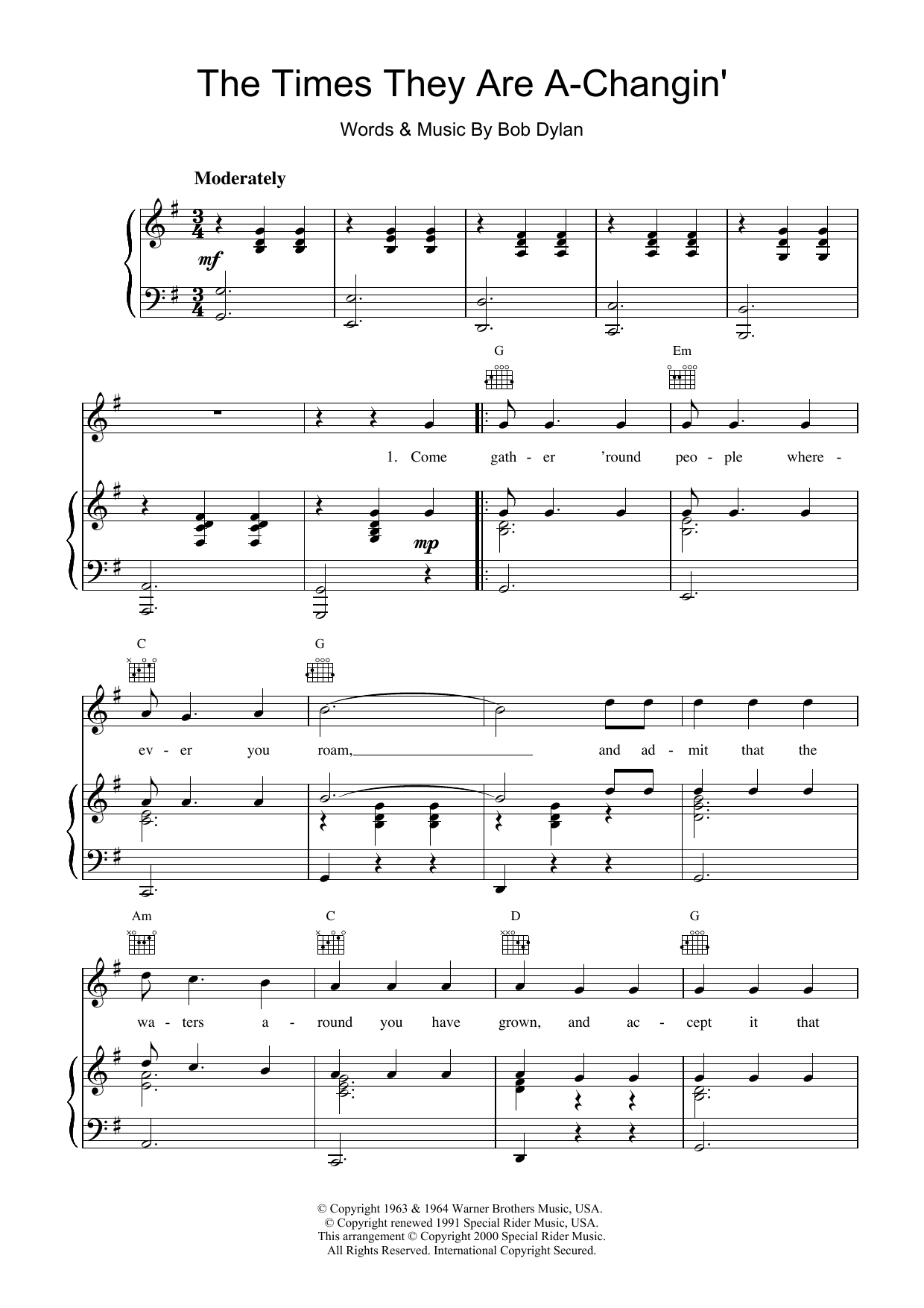 Bob Dylan The Times They Are A-Changin' sheet music notes printable PDF score
