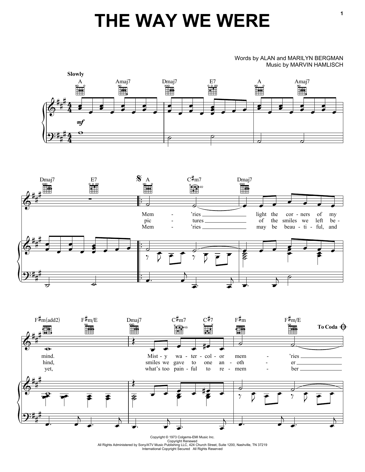 Barbra Streisand The Way We Were sheet music notes printable PDF score