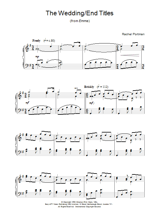 Rachel Portman The Wedding/End Titles (from Emma) sheet music notes printable PDF score