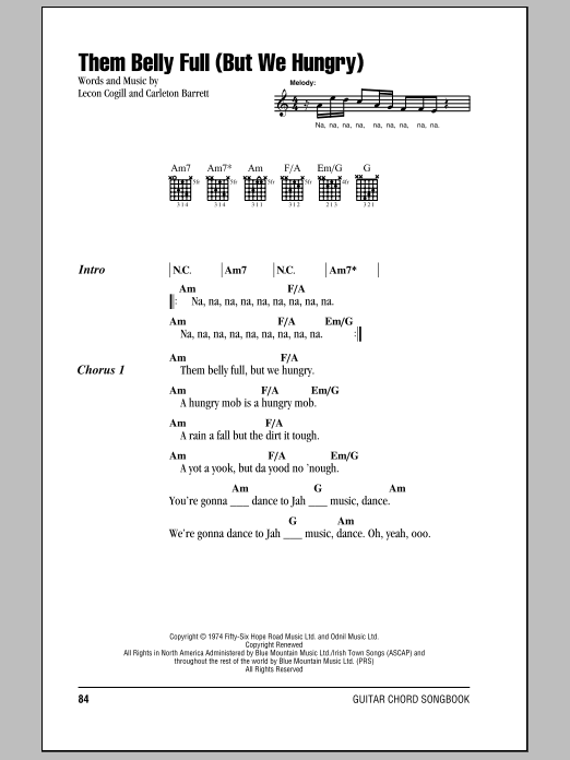 Download Bob Marley Them Belly Full (But We Hungry) Sheet Music