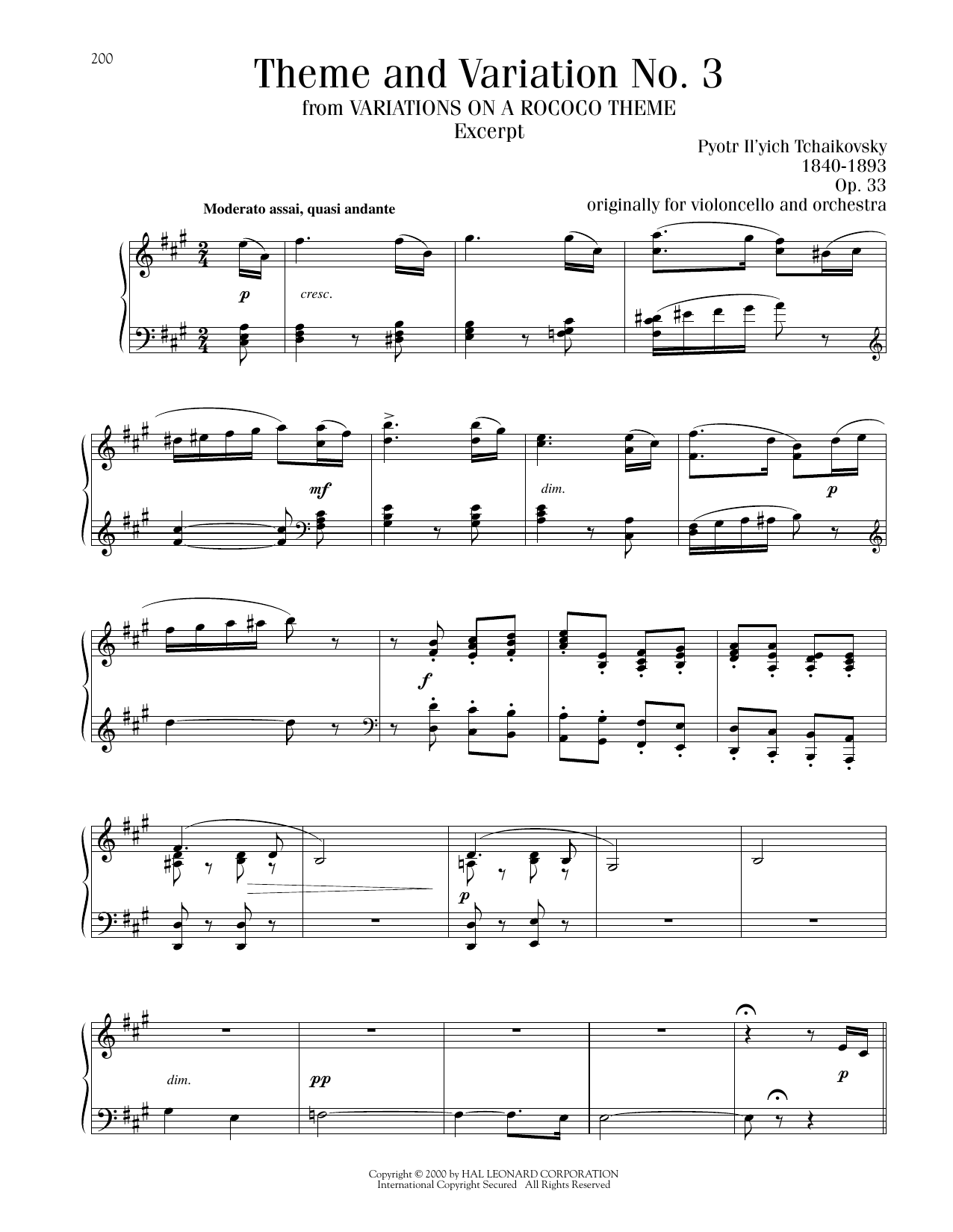 Pyotr Il'yich Tchaikovsky Theme And Variation No. 3, Op. 33 sheet music notes printable PDF score