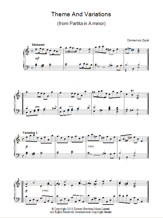 Download Domenico Zipoli Theme And Variations From Partita In A Sheet Music