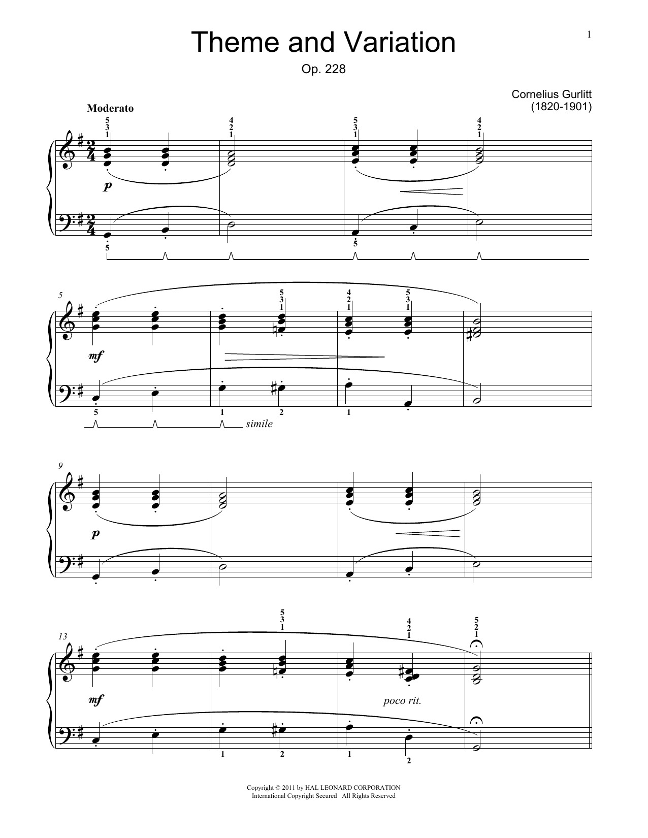 Download Cornelius Gurlitt Theme And Variations, Op. 228 Sheet Music