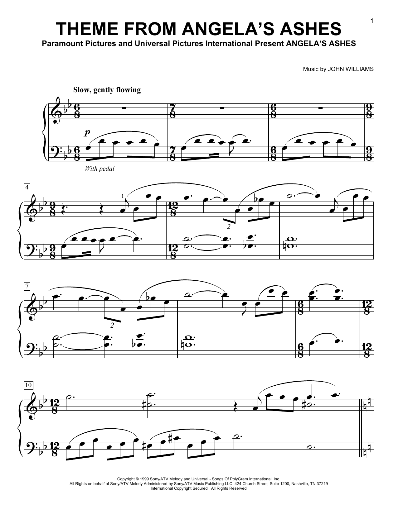 Download John Williams Theme From Angela's Ashes Sheet Music