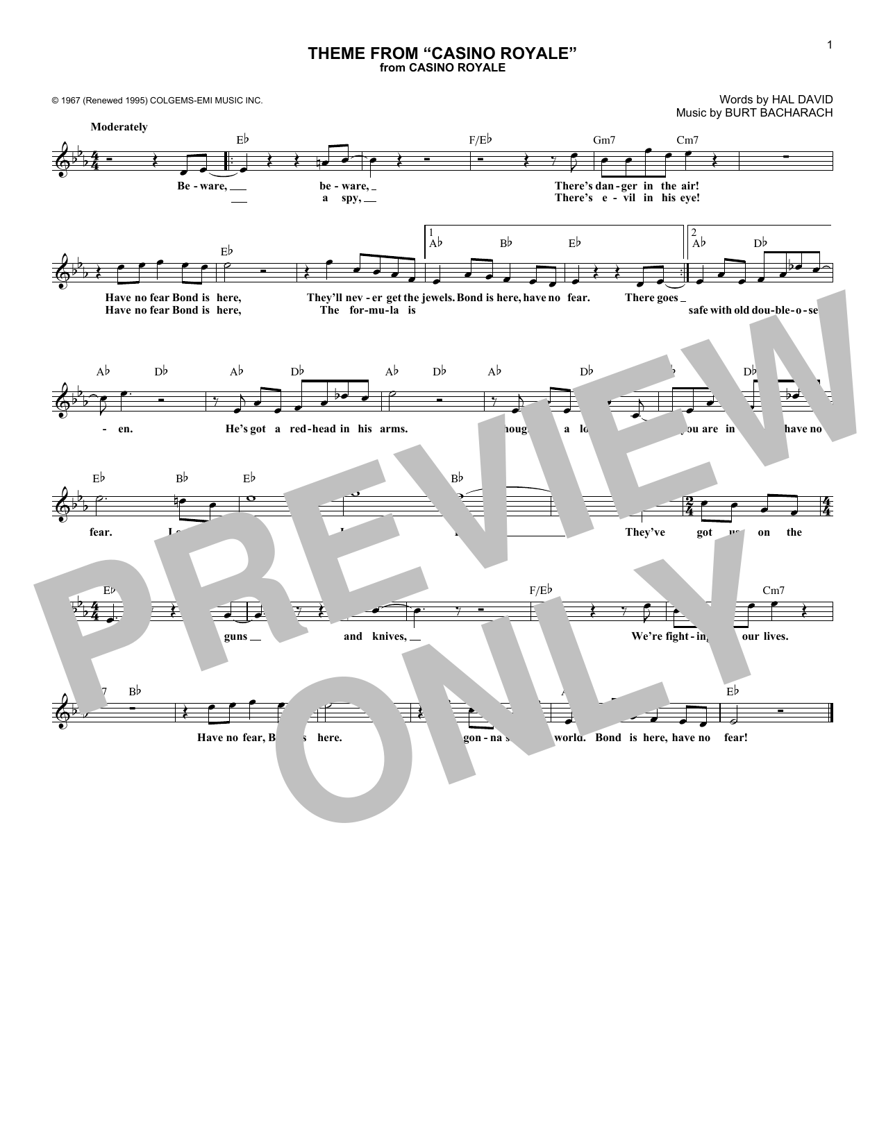 Download Burt Bacharach Theme From Casino Royale Sheet Music