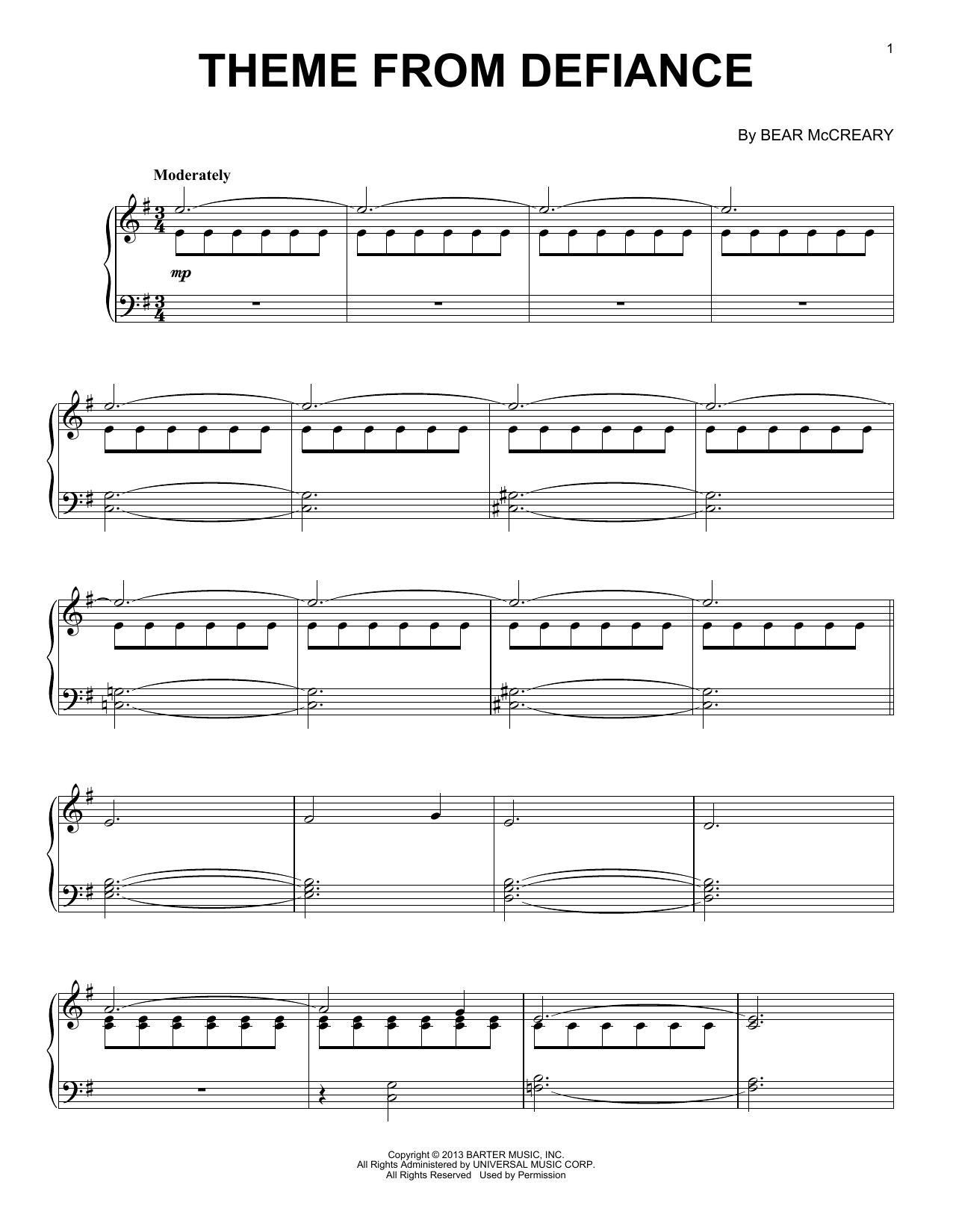 Bear McCreary Theme From Defiance sheet music notes printable PDF score