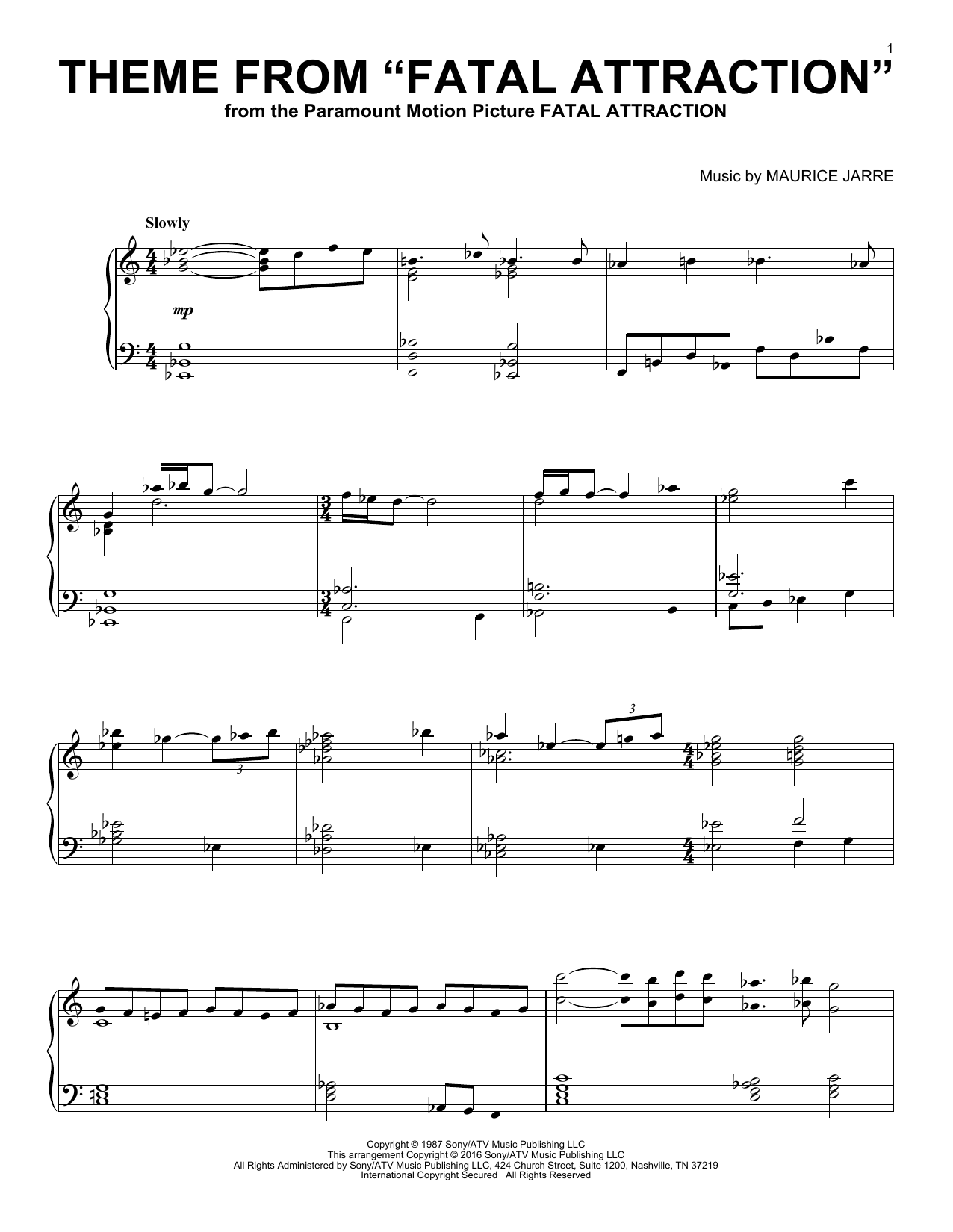 Download Maurice Jarre Theme From Fatal Attraction Sheet Music