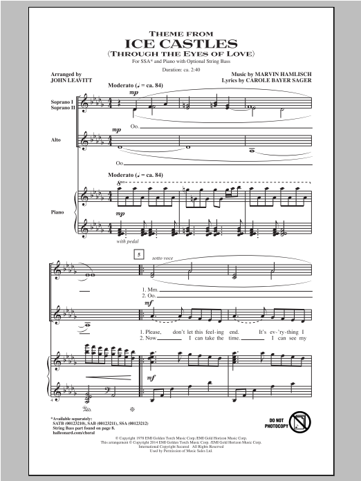 Download Marvin Hamlisch Theme From Ice Castles (Through The Eye Sheet Music